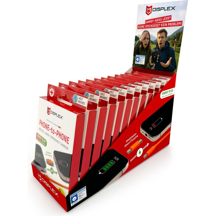 Displex Phone-to-Phone Notfall-Lader, Powerbank mit integrierter Spezialtechnik, USB-C auf USB-C, orange, 2er Set