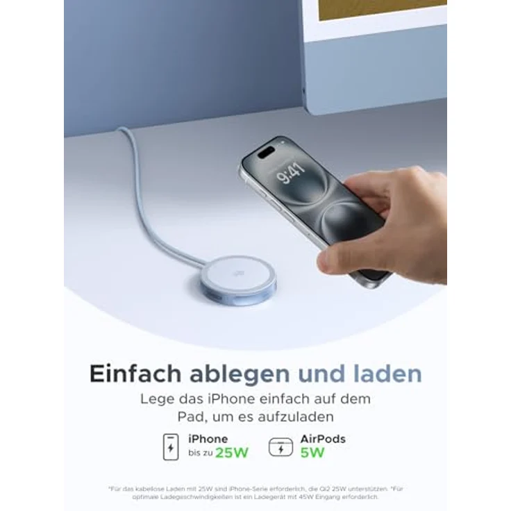 UGREEN 25W Magnetic Wireless Charger, kabelloses Ladegerät mit 15W MPP-Protokoll, Blau, 1,5 m geflochtenes Nylonkabel – Bild 3