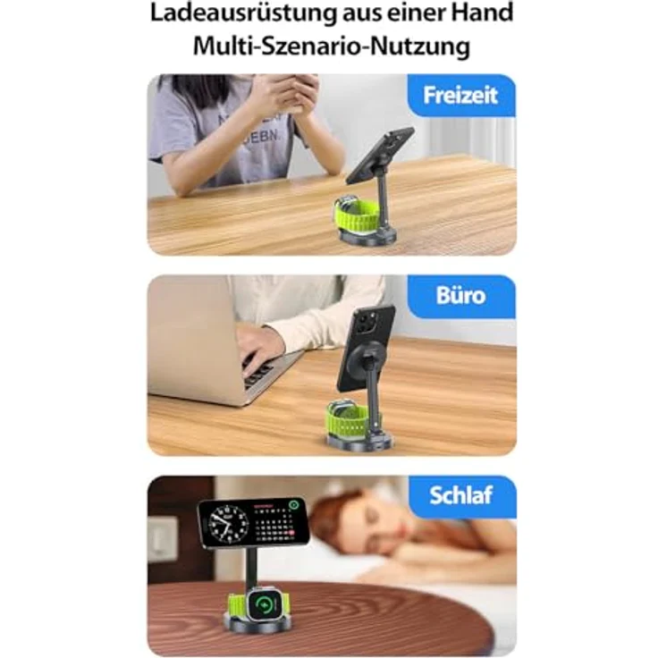 Callstel Faltbare 3in1-MagSafe-Ladestation, Wireless Charger für iPhone, Apple Watch und AirPods, 15W schnellladefähig, USB-C-Eingang, vertikaler Stand, kompakt und einstellbarer Winkel, schwarz – Bild 3