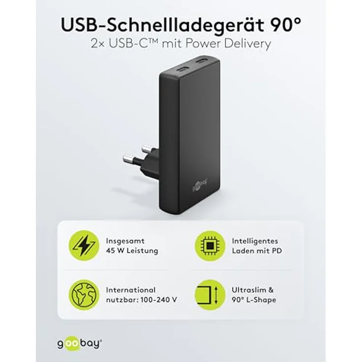 Goobay USB-C PD GaN Dual-Schnellladegerät 90° Flat 45 W, platzsparendes USB Ladegerät mit zwei Ports, Schwarz – Bild 2