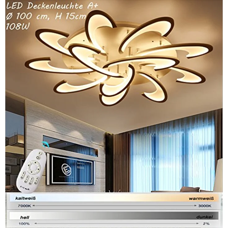 Eurotondisplay LED Deckenleuchte 2127-12 Ø 100 cm 108W mit Fernbedienung Lichtfarbe/Helligkeit einstellbar Acryl-Schirm weiß lackierte Metallrahmen – Bild 3