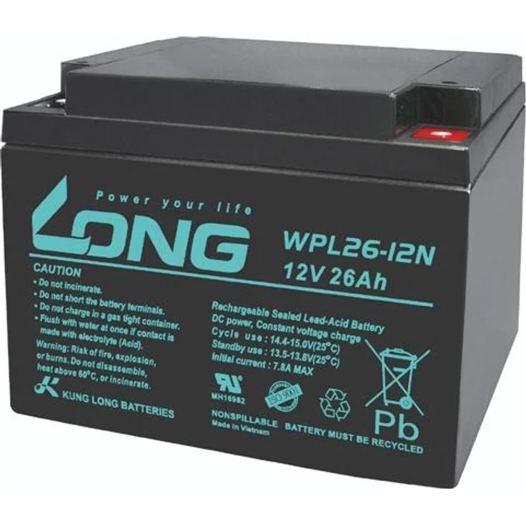 KUNG LONG Blei-Akkumulator WPL26-12N-M, Longlife 12 V, 26 Ah, wartungsfrei, AGM-Technologie, hohe Lebensdauer, ABS-Gehäuse