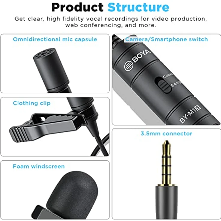 BOYA BY-M1S, Professionelles Omnidirektionales Lavaliermikrofon mit 6 m Kabel für iPhone, Android, DSLR und Camcorder – Bild 2