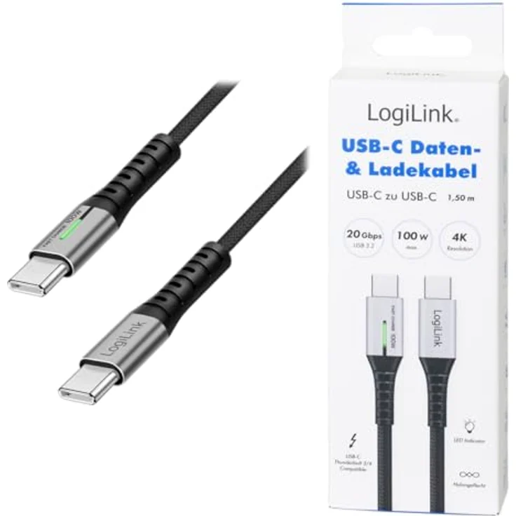 LogiLink CU0433 USB3.2 Kabel, USB-C M/USB-C M, 100W, 20 Gbit/s, 1,5m, schwarz, mit LED-Anzeige und Nylon-Mantel – Bild 7