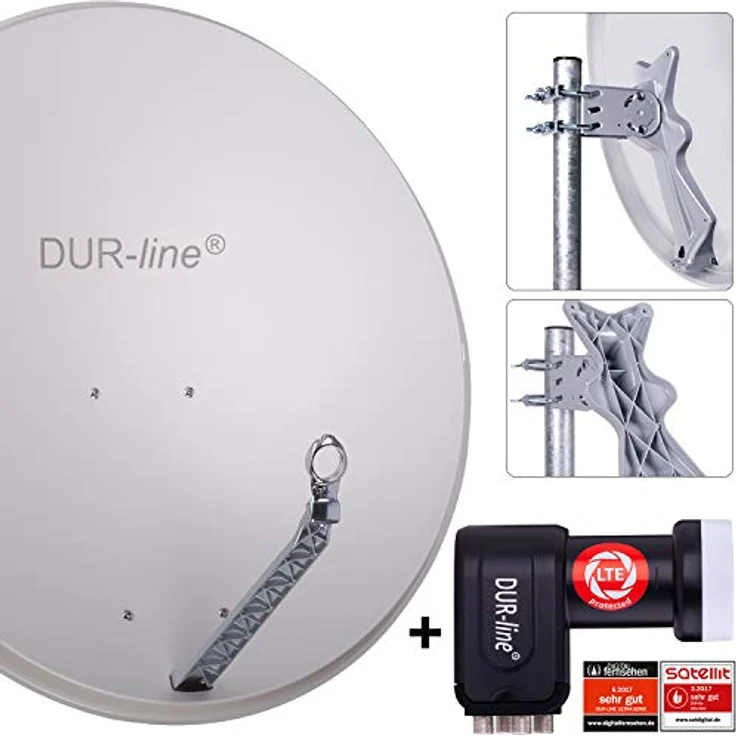 DUR-line 4 Teilnehmer Set - Qualitäts-Alu-Satelliten-Komplettanlage - Select 85/90cm Spiegel/Schüssel Hellgrau + Quad LNB - für 4 Receiver/TV [Neuste Technik, DVB-S2, 4K, 3D] – Bild 2