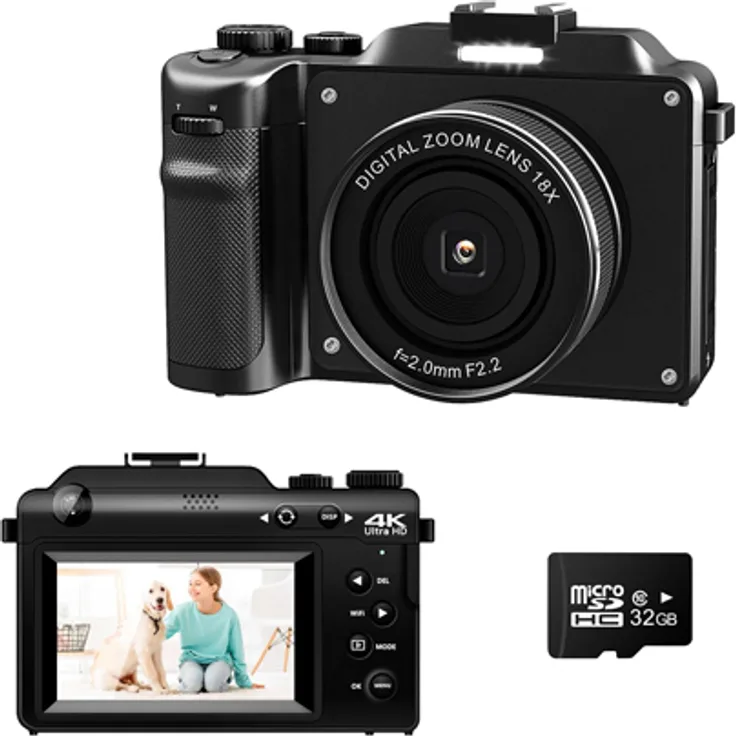 Fine Life Pro 48MP Digitalkamera, Autofokus, 3" HD-Display, 18X Digitalzoom, Schwarz