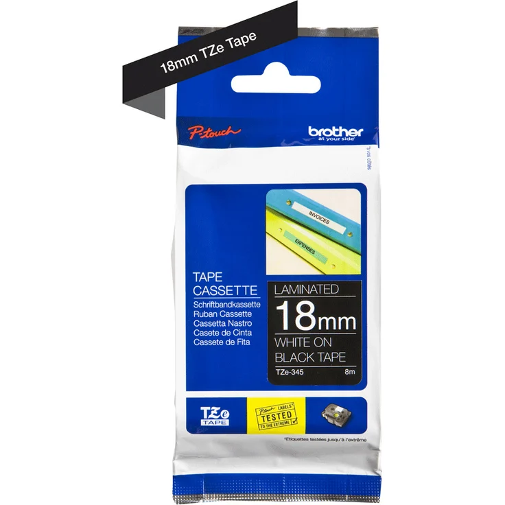 Brother P-touch TZe-345, Schriftband weiß auf schwarz, 18mm breit, 8m lang, laminierte Wisch- und wetterfeste Etiketten – Bild 1