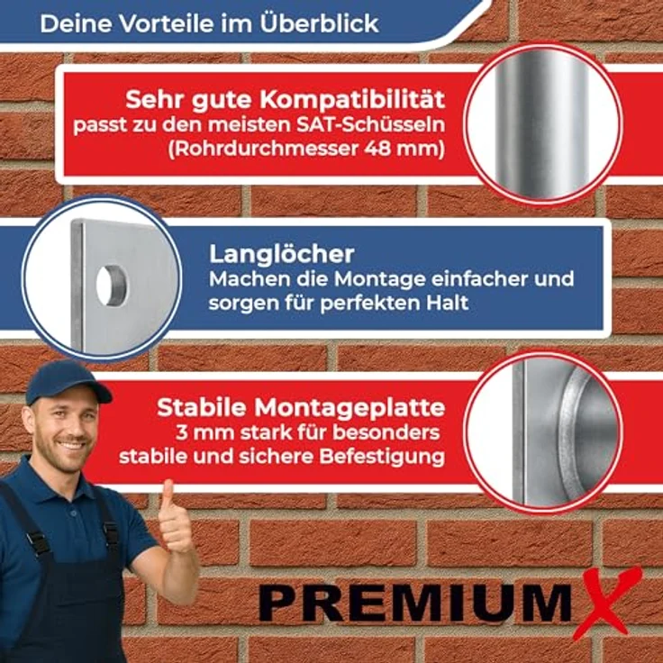 PremiumX 45-50cm Wandhalter Stahl verzinkt Ø 48mm, L-Form, für Satelliten-Schüssel SAT-Antenne mit Kabeldurchführung – Bild 2
