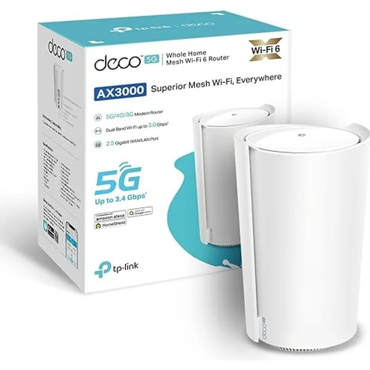TP-Link Deco X3000-5G, LTE WLAN Router mit 5G SIM, 2,5-Gbit/s-Port, 2x Gigabit-Ports, Wi-Fi 6 AX3000, App-gesteuert, Mesh-kompatibel