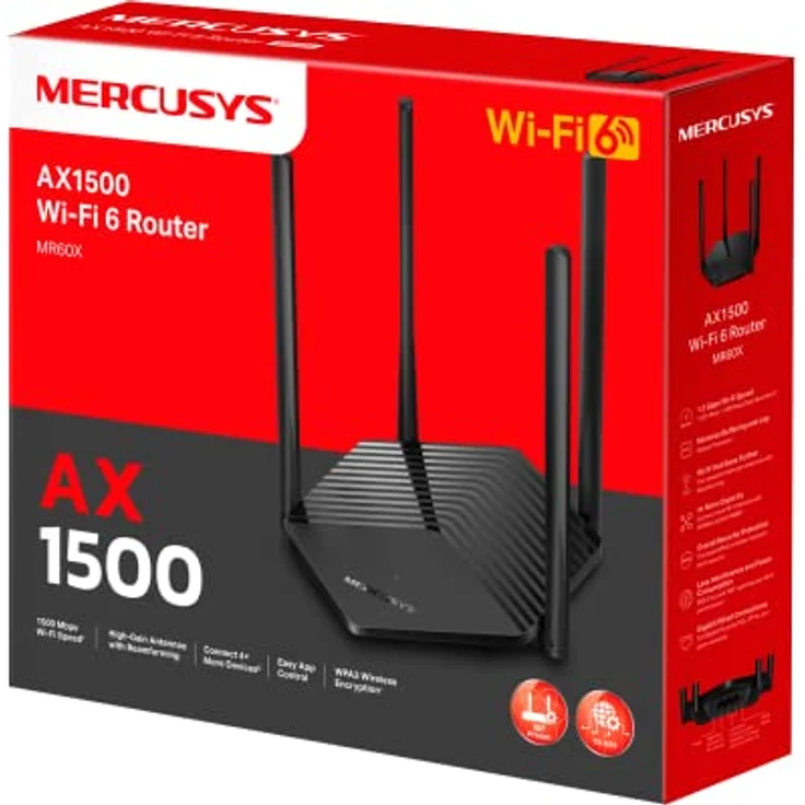 Mercusys WLAN-Router 6 1500 Mbps, Dual-Band WLAN-Router, 4 RJ45 Gigabit-Anschlüsse, 4 5dBi-Antennen, MU-MIMO, WPA3, intelligente Verbindung, Kindersicherung, BSS Coloring-Technologie, MR60X, schwarz - Preisvergleich – Bild 4