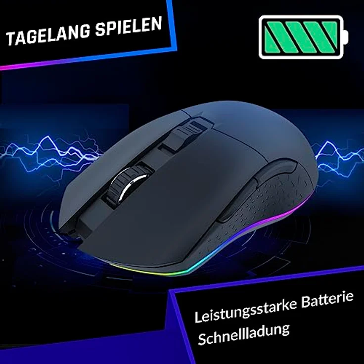 KLIM Blaze - Wiederaufladbare kabellose RGB Gaming Maus - NEU 2023 - Hochpräziser Sensor mit Langer Akkudauer - Einstellbar auf bis zu 10000 DPI - Kabel- und Funk Maus Modus (Schwarz) – Bild 4