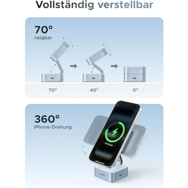UGREEN MagFlow 2-in-1 MagSafe Ladegerät 25W, Qi2 zertifizierte kabellose Ladestation mit 70° Neigungsverstellung, für iPhone 16-17-Serie und AirPods, mit 1m Kabel – Bild 5
