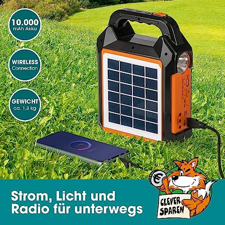 Easymaxx Solar-Power-Kit 09467, Powerbank 10000 mAh mit Solaraufladung, Schwarz, Orange, inkl. LED-Lampe und Lautsprecher – Bild 2