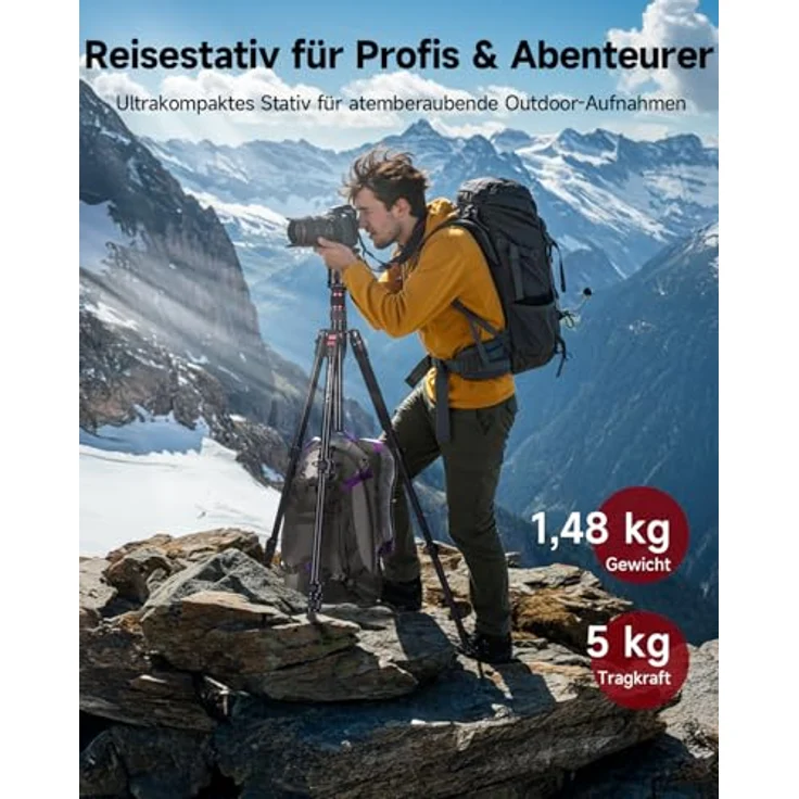Rollei Compact Traveler No. 2, Dreibeinstativ aus Aluminium, maximal 180 cm, schwarz, Tragfähigkeit 5 kg – Bild 7