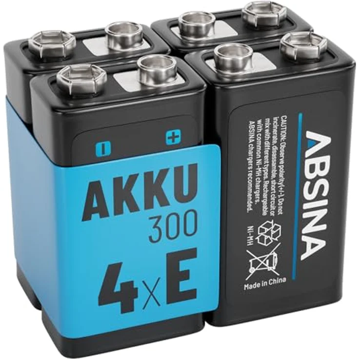 ABSINA 9V Blockakku Typ 300, wiederaufladbar NiMH mit 270mAh, niedrige Selbstentladung, ideal für hochstromverbrauchende Geräte, 4er Pack – Bild 1