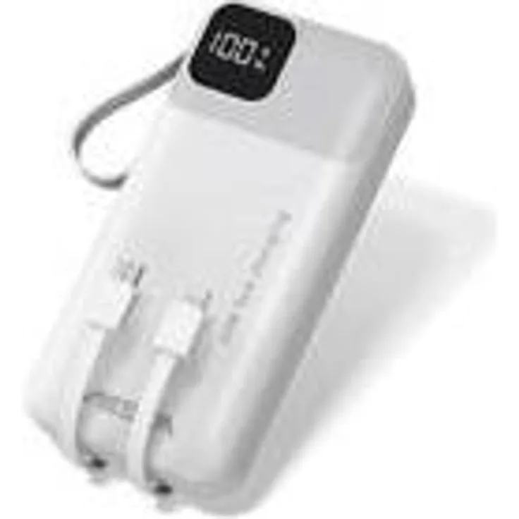 VIESTA® Powerbank 20.000 mAh Weiß – Schnellladung 22,5W, integrierte Kabel (USB-C & Lightning), LCD-Display, LED-Taschenlampe