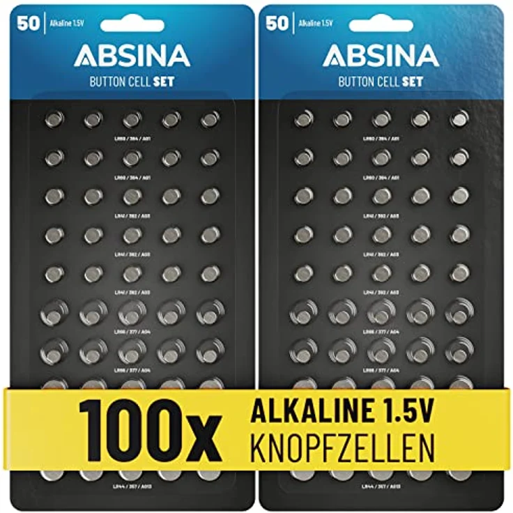 ABSINA 100er Pack Alkaline Knopfzellen Sortiment - 20x AG1, 30x AG3, 20x AG4, 20x AG10, 10x AG13, auslaufsicher, ideal für vielseitige Anwendungen – Bild 1