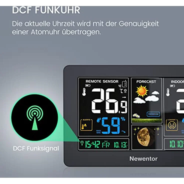 Newentor Wetterstation Funk mit Außensensor - Funkwetterstation mit Wettervorhersage, Temperaturwarnung, DCF Funkuhr - Batteriebetrieb und Netzbetrieb, Schwarz – Bild 5