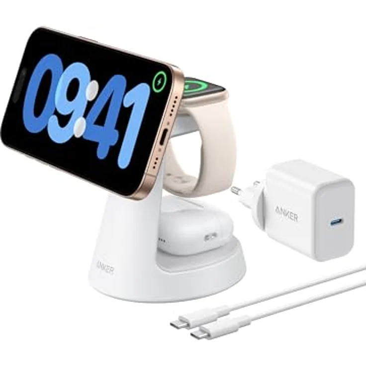 Anker MagGo 3-in-1 15W MagSafe kompatibles Ladegerät, iPhone Induktive Ladestation, Qi2-zertifiziert Wireless Charger für iPhone 16/15/14/13/12, Apple Watch, AirPods Pro (Adapter inkl.), Weiß – Bild 2