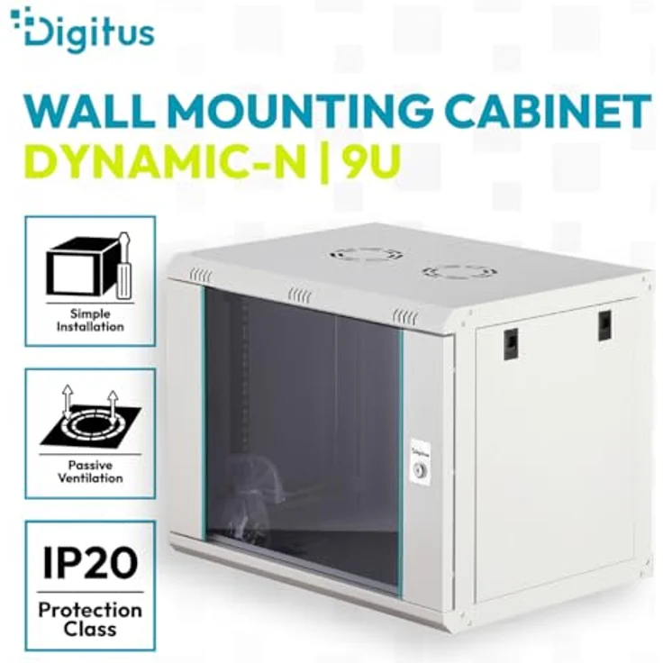 DIGITUS Netzwerkschrank Dynamic-N, 19-Zoll Rack 9HE, unmontiert, Wandmontage, 450 mm Tiefe, 60 kg Traglast, abschließbare Glastür, grau – Bild 2