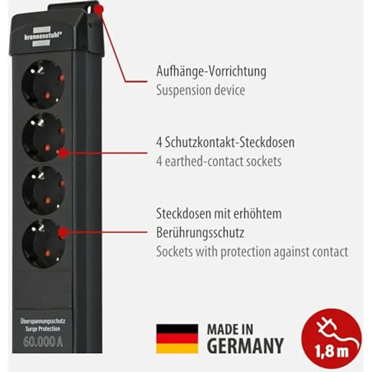 Premium-Line 60.000A Überspannungsschutz-Steckdosenleiste, 4-fach, schwarz, 1,8 m – Bild 2