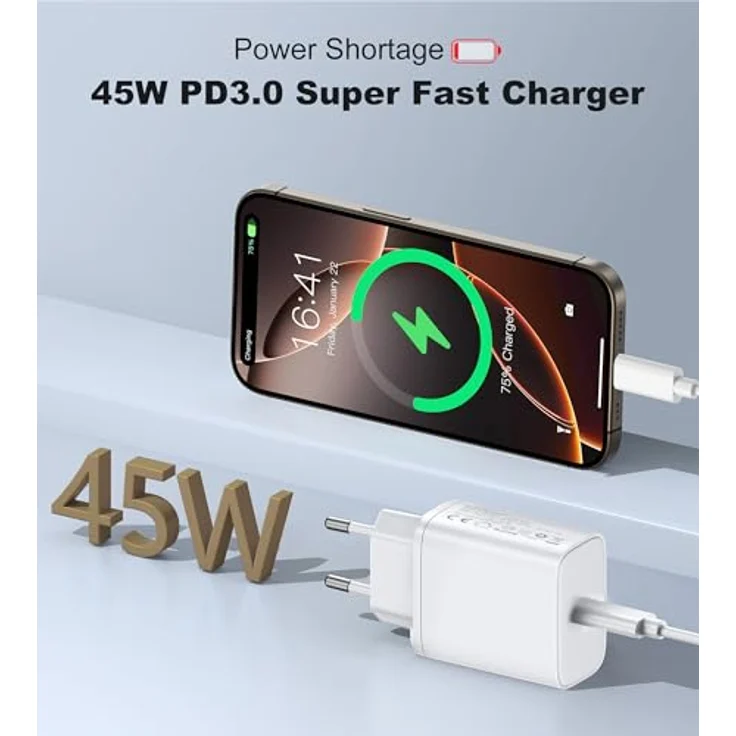 BHHB USB C Ladegerät 45W Schnellladegerät mit 2M Kabel, kompatibel mit iPhone 17/16/15 Pro, Samsung Galaxy S24/S23, inklusive sicherem Adapter für Hochgeschwindigkeitsaufladung – Bild 3