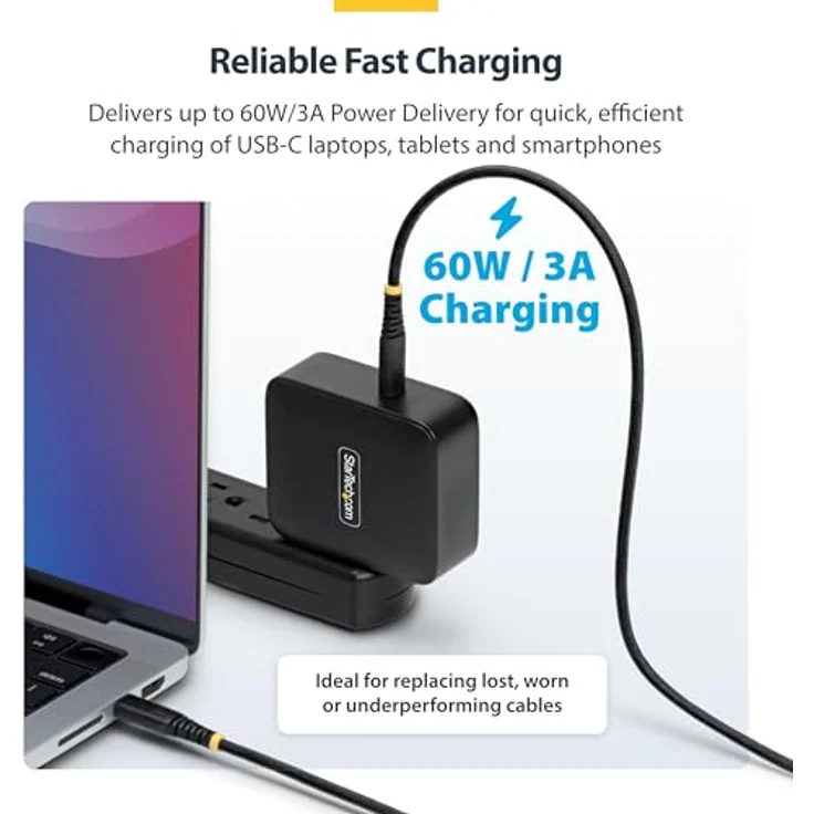 StarTech.com 30cm USB-C Ladekabel, 60W (3A) PD, geflochtener Nylon-TPE Mantel, Schwarz, USB 2.0 Schnellladekabel – Bild 3