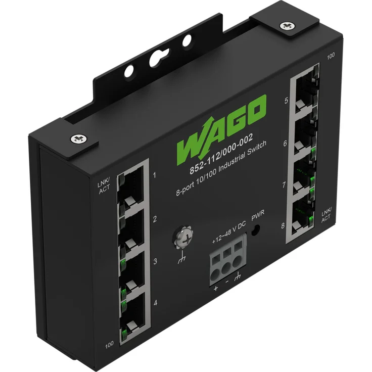 Wago Industrial-ECO-Switch 852-112/000-002, Netzwerk Switch mit 8 Ports, 100Base-TX, Schwarz, Plug & Play, robuste Bauform