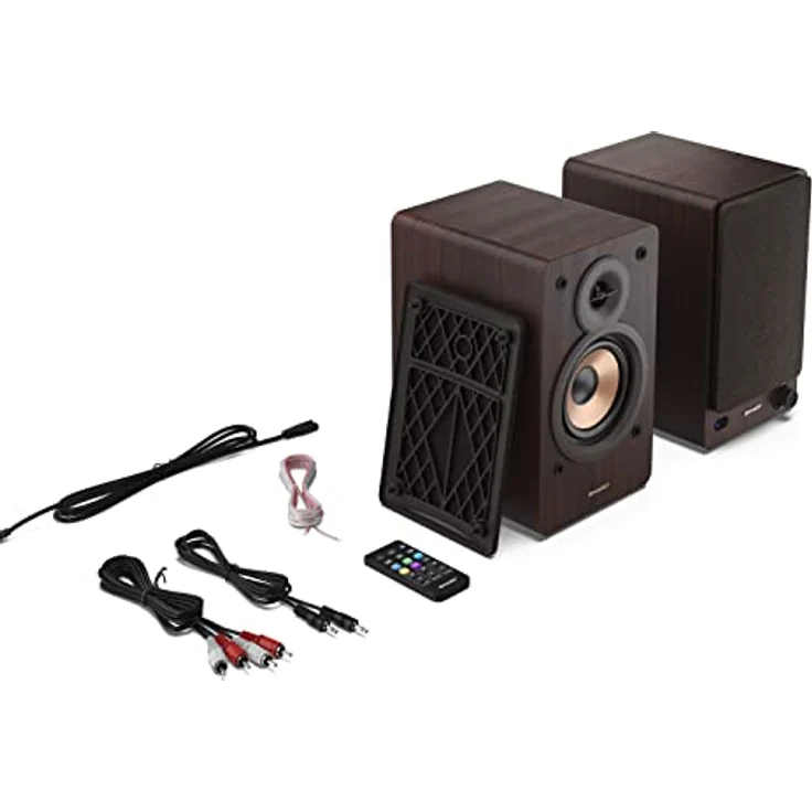 SHARP CP-SS30 2-Wege-Lautsprecher aktiv, 60 Watt (2x30 W) Holzgehäuse (Bluetooth 5.0, USB, Optisch, AUX, Cinch), Bass- und Höheneinstellung, abnehmbare Gitter, Fernbedienung, braun – Bild 4