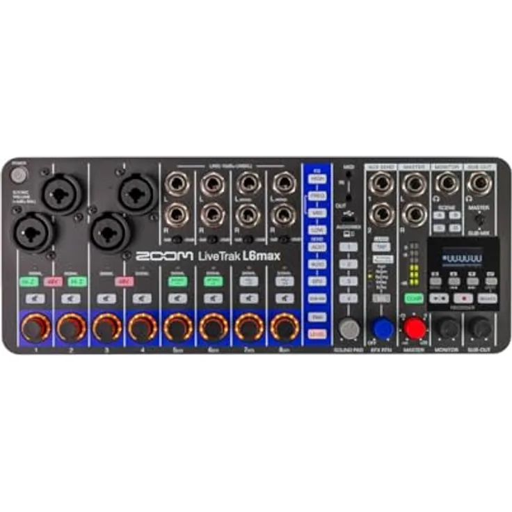 Zoom LiveTrak L-6max, tragbarer 12-Spur-Digitalmixer mit KI Noise Reduction, OLED-Display, XLR-TRS, für Bands und Live-Streaming