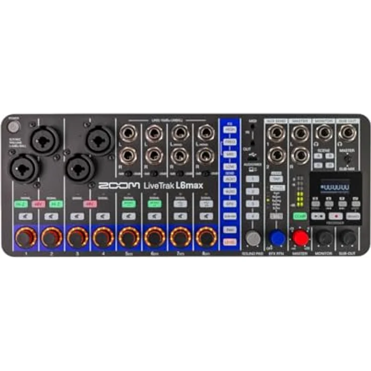 Zoom LiveTrak L-6max, tragbarer 12-Spur-Digitalmixer mit KI Noise Reduction, OLED-Display, XLR-TRS, für Bands und Live-Streaming – Bild 1