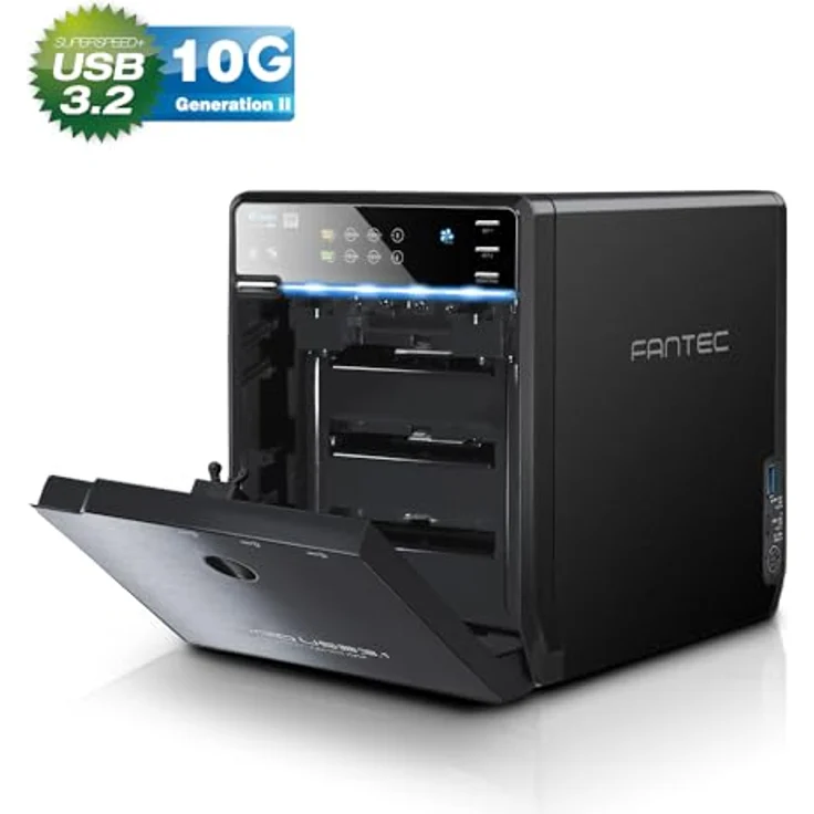 FANTEC QB-35U31R 4fach USB3.2 Gen2 RAID Festplattengehäuse für 4X SATA 3,5/2,5 Zoll SSDs oder HDDs, Transfer bis 10Gbit/s, 2X zweifach RAID, mit USB-C & USB-A Hub, Lüfter Automatik, Metall, schwarz – Bild 2