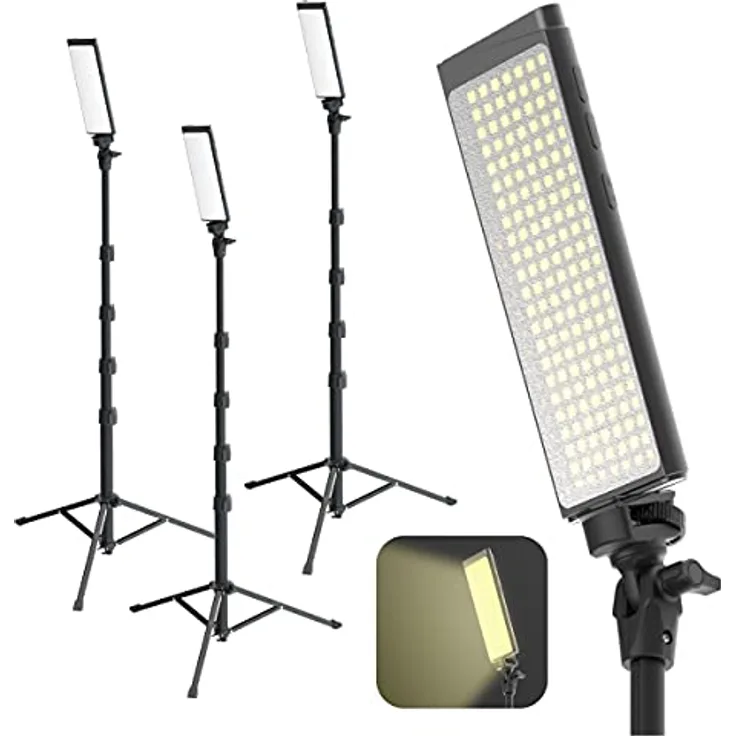 DigiPower Pro 3 professionelles Belichtungsset, 3er-Pack, dimmbares 5600K 180-LED-Videolicht mit verstellbaren 63“ Stativ, kompatibel mit Smartphones und Kameras, schwarz, DPS-TPL-300