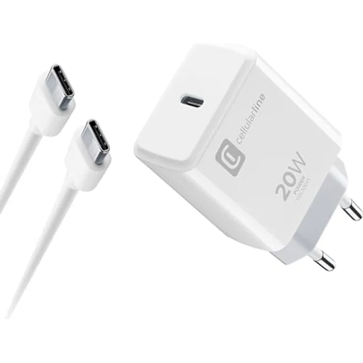 Cellularline – Ladegerät-Kit 20 W – für iPhone 15-Serie – Kit bestehend aus einem 20 W USB-C-Ladegerät + einem USB-C-Kabel, mit dem die verschiedenen iPhone 15-Modelle sicher aufgeladen Werden können