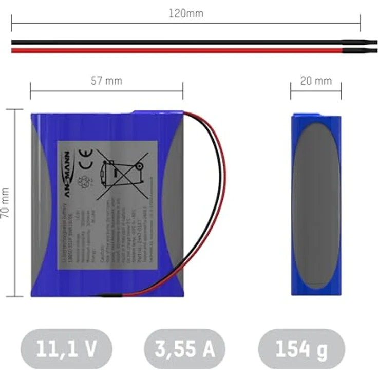 Ansmann 3S1P Akkupack 3X 18650 Kabel Li-Ion 10.8 V 3350 mAh, Hohe Energiedichte und geringe Selbstentladung – Bild 3