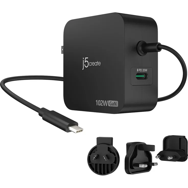 j5Create 102-Watt GaN PD USB-C Reiseladegerät mit 2 Anschlüssen und austauschbaren Netzsteckern, schwarz