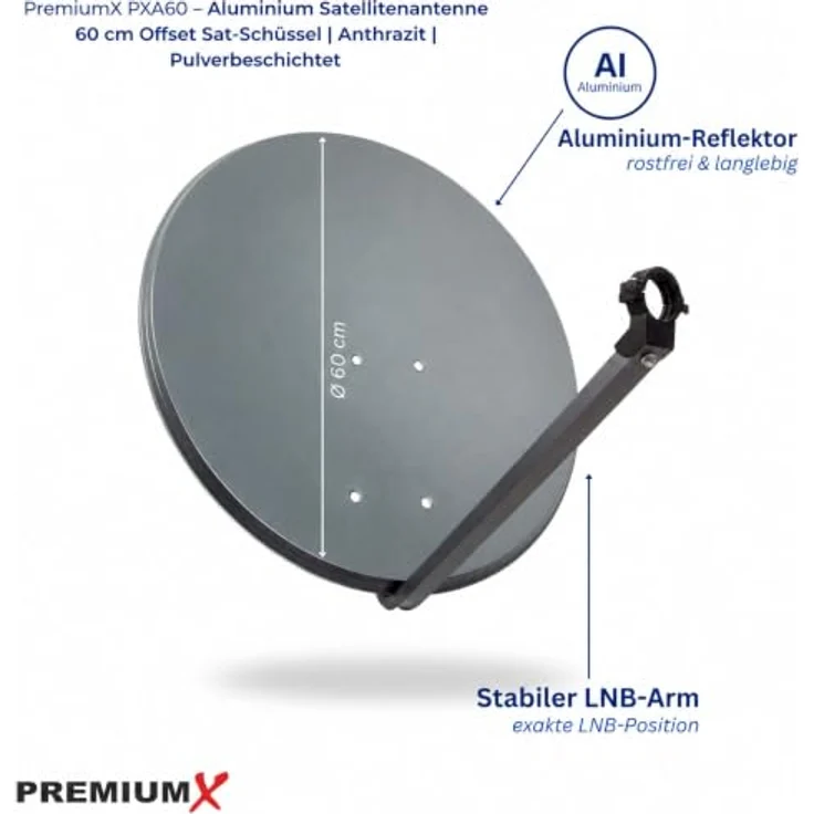Premium X PXA60, Satellitenschüssel 60 cm Aluminium Anthrazit, Offset-Antenne für digitalen Sat-Empfang mit robustem Tragarm und Masthalterung – Bild 2