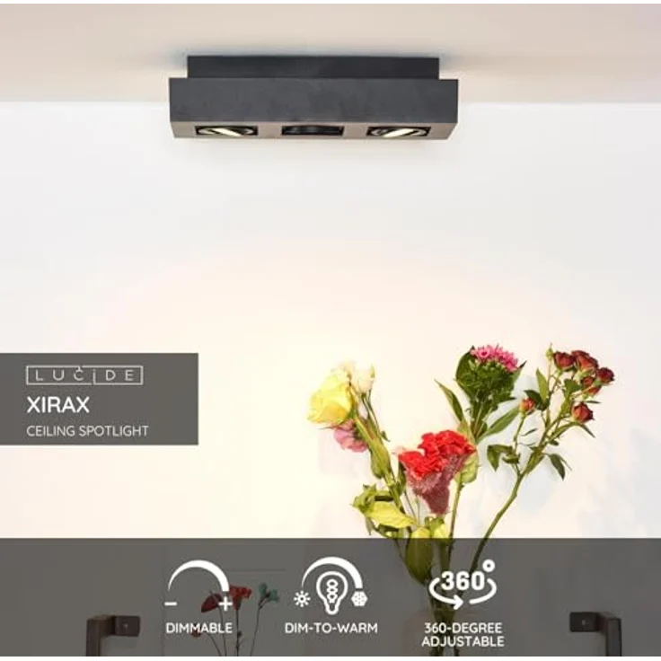 LUCIDE XIRAX Deckenstrahler LED Dim to warm GU10-3x5W 2200K/3000K Schwarz, Smarte Deckenbeleuchtung – Bild 3