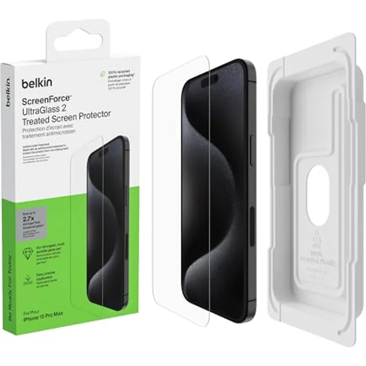 Belkin ScreenForce UltraGlass 2 antimikrobielle iPhone 15 Pro Max Display-Schutzfolie, kratzfest, dünnes Glas, in Tests bestätigter Härtegrad 9H, mit Positionierungsschale zur blasenfreien Anbringung – Bild 1