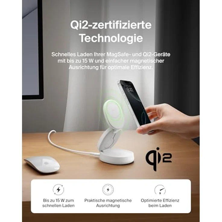 Belkin BoostCharge MagSafe Ladegerät, verstellbare 3-in-1 Ladestation mit Qi2-Zertifizierung, 15-W Schnellladung für iPhone 16, Apple Watch und AirPods, Weiß, inkl. 36-W-Netzteil – Bild 4