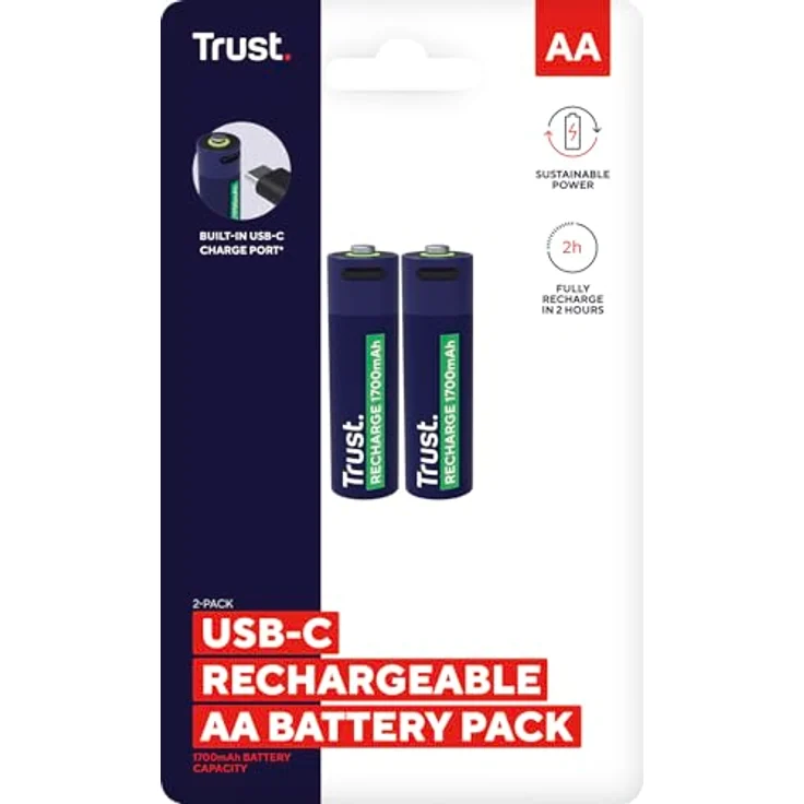 Trust 25584 Wiederaufladbarer Akku AA, 2er-Pack mit 1700 mAh, blaue/grüne Ausführung, USB-C Aufladung – Bild 7