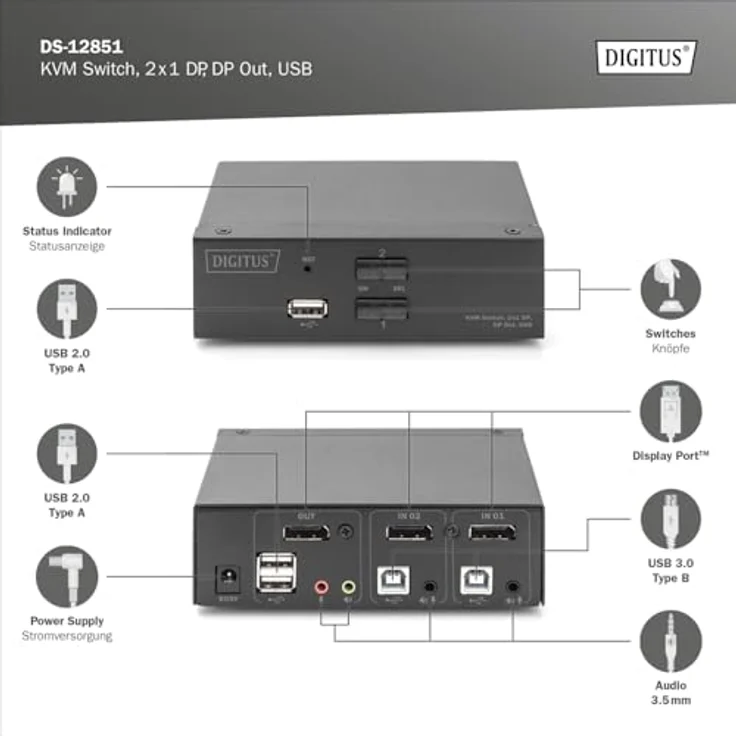 DIGITUS Displayport KVM-Switch – 2-Port Single-Display – 2 PC 1 Monitor – 1x Maus, Tastatur & Audio für 2 Computer – UHD 4K@60Hz (4096 x 2160p) – Hot-Key Umschalter – 1x USB 2.0 Hub – Schwarz – Bild 2
