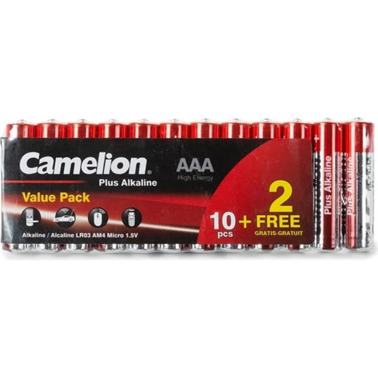Camelion Alkaline AAA Promo Set (10 + 2 Stück) - 1,5 V, 1200 mAh, Metallic-Silber/Rot