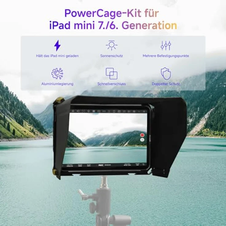 Accsoon PowerCage Mini, Tablet Käfig für iPad mini 6/7 (A17 Pro) mit Sonnenschutz, inklusive NP-F-Batterieplattenadapter und USB-C-Kabel – Bild 2
