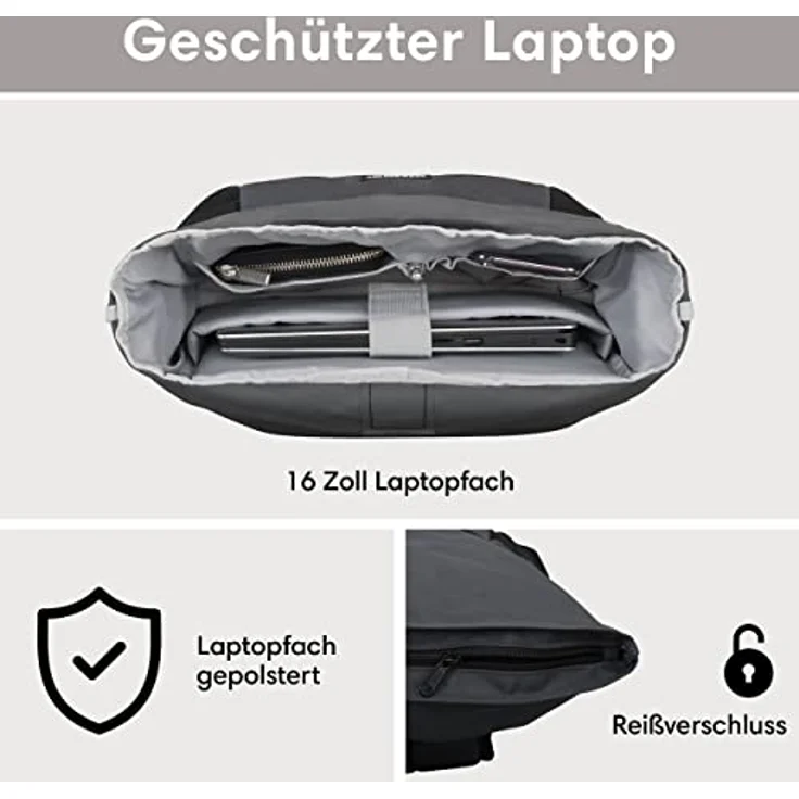 LARKSON Rolltop Rucksack Herren & Damen Groß Anthrazit - No 2 - Daypack für Schule, Uni, Fahrrad - 16 Zoll Laptop Fach für Arbeit - Nachhaltig - Anti-Diebstahl - Wasserabweisend – Bild 3
