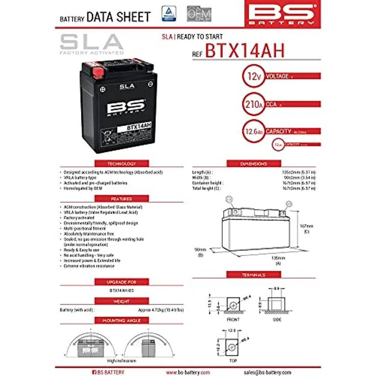 BS Battery BTX14AH/BB14-A2/B2, SLA Wartungsfreie AGM-Batterie, werkseitig aktiviert, 12V, 20Ah, auslaufsicher, hohe Vibrationsbeständigkeit – Bild 2