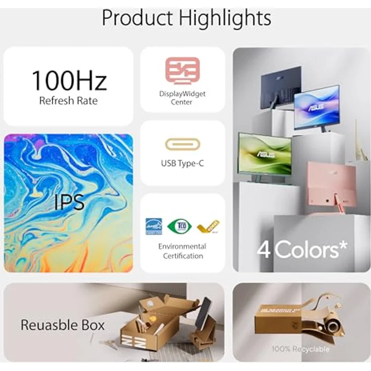 ASUS Eye Care VU249CFE-M - 24 Zoll Full HD Monitor - 100 Hz, 1ms MPRT, AdaptiveSync, GreenProduct - IPS Panel, Vesa 75x75, 16:9, HDMI, USB-C mit 15W PD, ergonomisch, Hafermilch – Bild 2