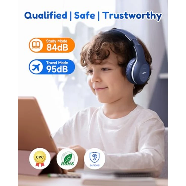 EarFun Bluetooth Kopfhörer Kinder, HiFi Sound, 85/94dB Lautstärkeregelung, HD-Mikrofon, 40 Std Akku, Faltbar & Einstellbar, Blau – Bild 4