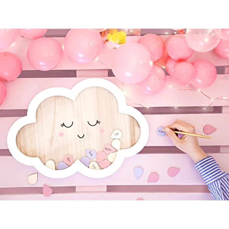 PartyDeco Gästebuch aus Holz 30.5x43cm in Wolkenform mit Tropfen zum beschriften für Hochzeit Geburtstag weiß bunt – Bild 3