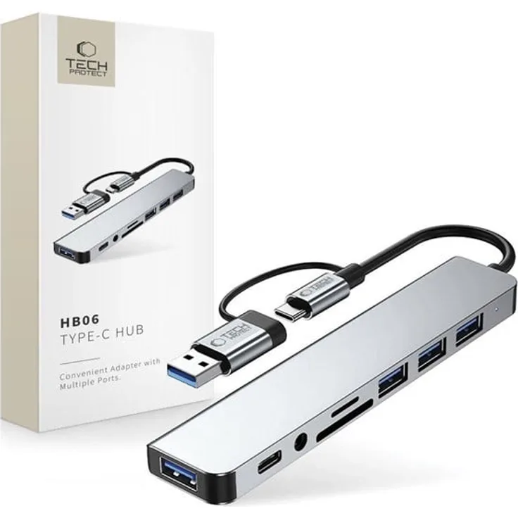 Tech-Protect HB06 HUB Adapter 8in1 mit TYPE-C, 2x USB 2.0, 2x USB 3.0, SD/TF Kartenleser und AV 3.5mm Audioausgang, Grau